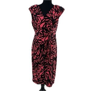London Times Coral/Black Floral Abstract Tie Front Wrap Sheath Dress Size 10